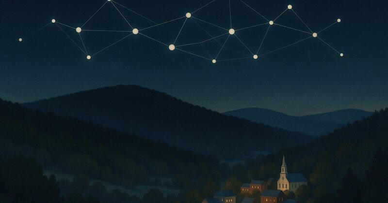 A glowing chat interface hovering over a green river valley at dusk, with three small storefront icons rising out of the answer bubble