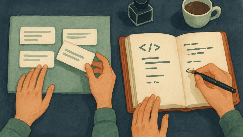 Custom-coded vs Webflow - conceptual comparison illustration - Brattleboro Local
